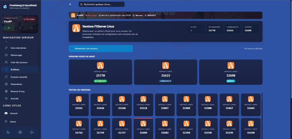 Gestionnaire de versions FXServer FiveM — panel FiveHeberg